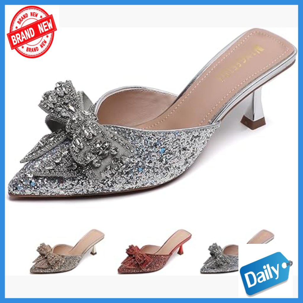 Rhinestone Bow Glitter Kitten Heel Mules Closed Pointed Toe Stiletto Sandals